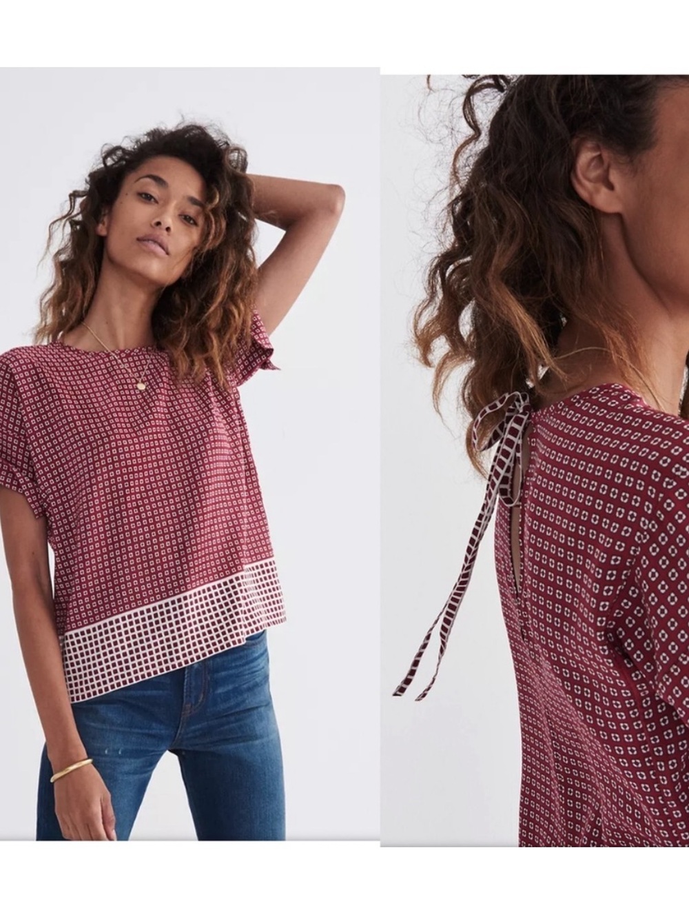 Madewell Silk Premiere Bow-Back Ascot Tile XS Short Sleeve Blouse